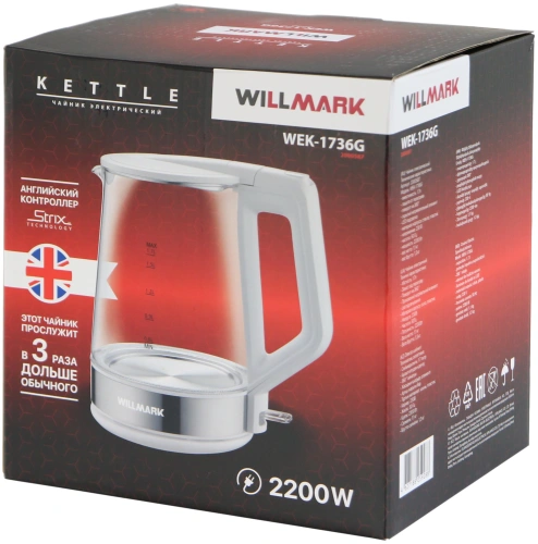 Чайник WILLMARK WEK-1736G 1.7л 2200Вт стекло, белый фото 2
