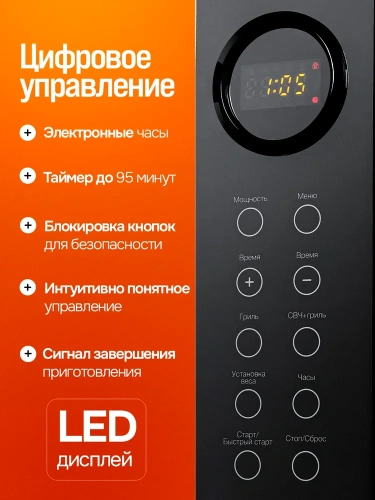СВЧ печь BRAYER BR-2506 900Вт 23л, 9реж, эл.упр. черная фото 5