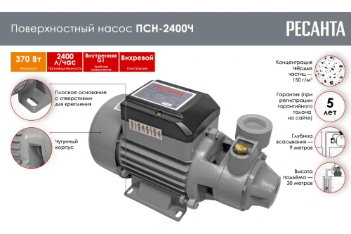 Насос поверхн Ресанта ПСН-2400Ч (370Вт,40л/мин,глуб.всас-9м) фото 3 Насос поверхн Ресанта ПСН-2400Ч (370Вт,40л/мин,глуб.всас-9м) фото 3