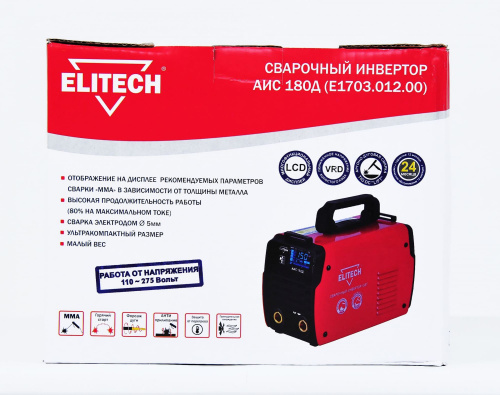 Инвертор сварочный ELITECH АИС 180Д (110-275В., 5,4кВт, 10-180А, О1,6-5мм., 3,5кг., LCD-дисп. ММА) фото 3
