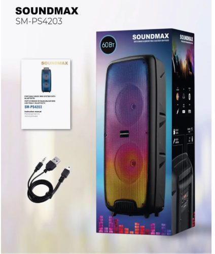 Колонка портативная Soundmax SM-PS4203, 60 Вт, 2400 мАч, FM, BT, microSD, AUX, подсветка фото 3